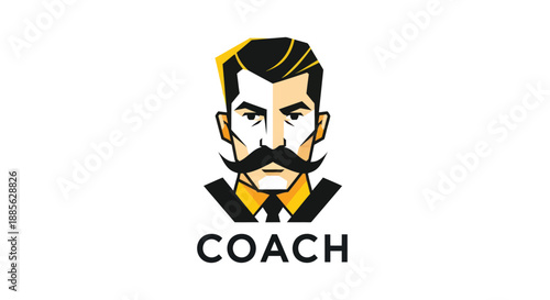 Graphic of a man in a suit with a large mustache