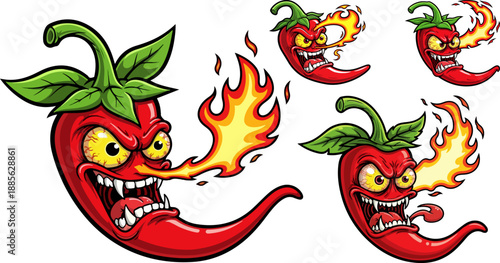 Collection of four cartoon red chili pepper characters demonstrating extreme spiciness by violently breathing fire with exaggerated angry facial expressions