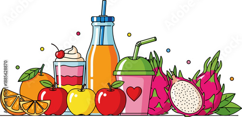 Assortment of vibrant colorful fruit beverages smoothies and fresh tropical dragon fruit presented with apples and sliced oranges illustration