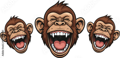 monkey, three, proverb, see, hear, speak, evil, illustration, cartoon, ape, primate, animal, face, expression, loud, open, mouth, funny, joke, humor, dark, isolated, graphic, design, vector, wild, nat