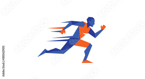 Geometric running figure, blue and orange, with motion lines