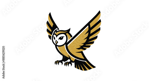 Stylish owl swoops, ready to pounce, wings up, gold, black, and white on clean background