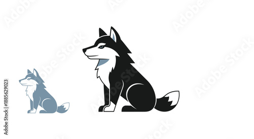 Simplified flat vector graphic of two wolves, one larger in black and white, one smaller in blue
