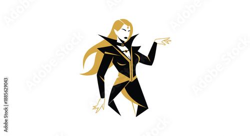 Angular stylized woman in a black jacket with gold trim and gold hair