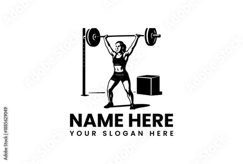 Black and white illustration of a fit woman lifting weights with a barbell in a gym with a minimalist aesthetic and bold lines.