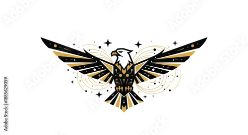 Majestic Eagle Black and gold geometric eagle soars, adorned with stardust and celestial patterns on a white background