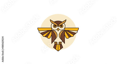 Geometric owl design on beige circle, facing forward, wings outstretched