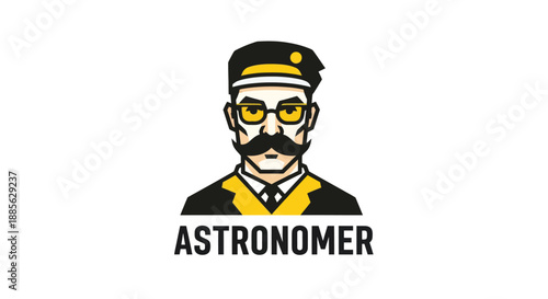 Stylized man with mustache, cap, and glasses, wearing suit