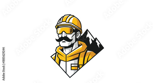 Miner mascot with helmet, goggles, moustache and mountain backdrop