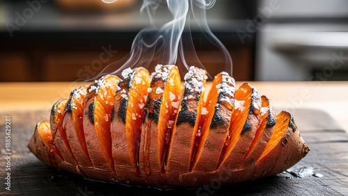 Grilled corn on cob with butter and spices smoking on wooden table