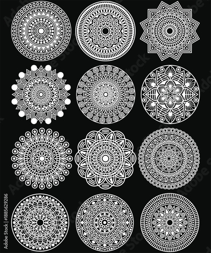 Unique floral mandala bundle with detailed line art and perfect circular symmetry.A clean ornamental collection for prints, textiles,t-shirt designs,backgrounds, posters, and creative digital project.