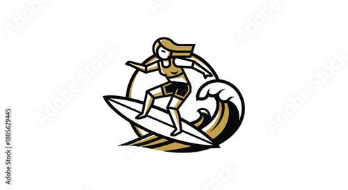 Surfer logo. A woman on a surfboard riding a wave, stylized graphic with black outlines and tan fill