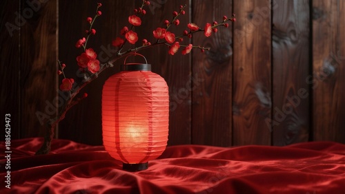 A glowing red lantern and blooming plum branches on a rich red fabric, evoking warmth and celebration, expressed through traditional Chinese aesthetics or Used for festive decorations.