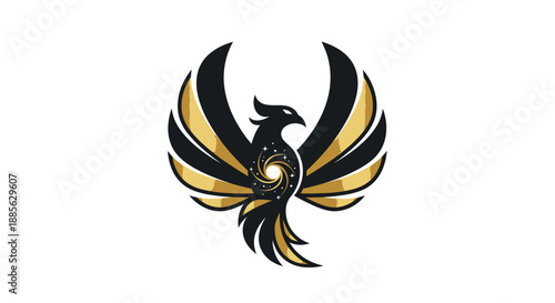 Stylized phoenix with black and gold wings, cosmic swirl on its chest