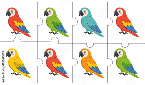 Kids Matching Game Puzzle with Colorful Cartoon Parrots Vector