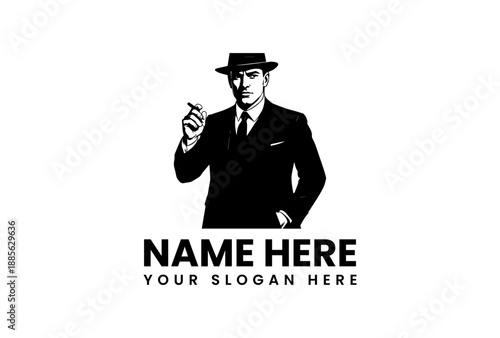 Black and white illustration of a man in a suit and hat holding a cigarette with a placeholder text for a name and slogan on a plain white background.