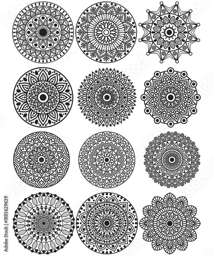 Unique floral mandala bundle with detailed line art and perfect circular symmetry.A clean ornamental collection for prints, textiles,t-shirt designs,backgrounds, posters, and creative digital project.