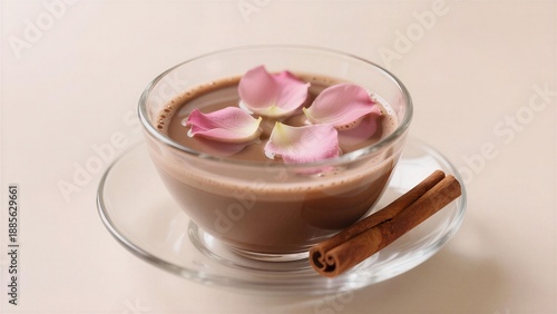 Rich hot chocolate with delicate pink rose petals, perfect for a cozy winter evening.