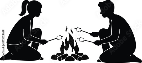Couple Camping Silhouette Roasting Marshmallows by Campfire, Romantic Outdoor Adventure Scene, Black Vector Illustration Isolated on White Background