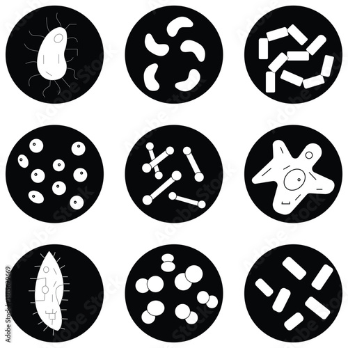 Microscopic Life Vector Icons: Bacteria, Virus & Microbe Outline Set for Science & Medical Design