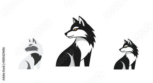 Stylized wolf illustrations in black, white, and gray