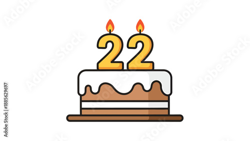22nd Birthday Cake Vector Illustration with Candles and Dripping Frosting, Celebration Graphic for Anniversary or Special Event Design