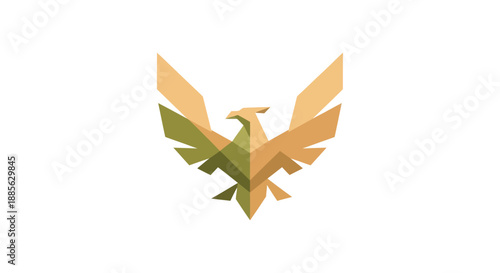 Geometric phoenix in green and gold tones with wings outstretched