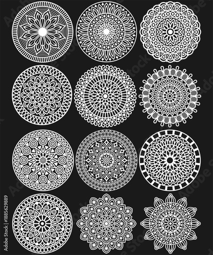Unique floral mandala bundle with detailed line art and perfect circular symmetry.A clean ornamental collection for prints, textiles,t-shirt designs,backgrounds, posters, and creative digital project.