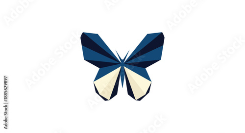 Geometric butterfly stylized in dark blue and cream polygons on white