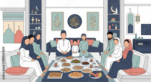 family dinner ramadan eid celebration togetherness festive meal hijab children lanterns illustration
