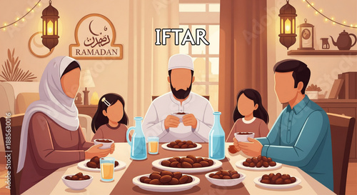 family dinner ramadan eid celebration togetherness festive meal hijab children lanterns illustration
