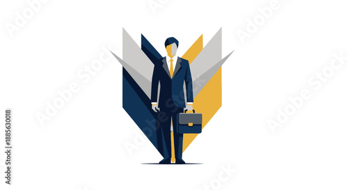 Low-poly businessman with briefcase and shield design