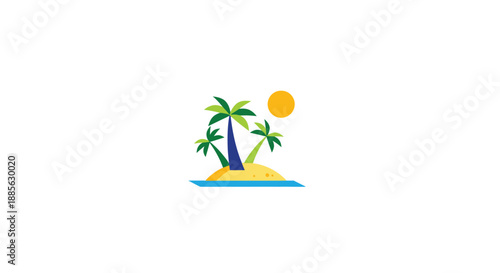Island oasis A stylized illustration of a small island with palm trees, sun, and blue water.