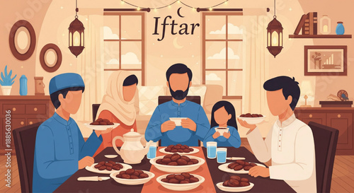 family dinner ramadan eid celebration togetherness festive meal hijab children lanterns illustration
