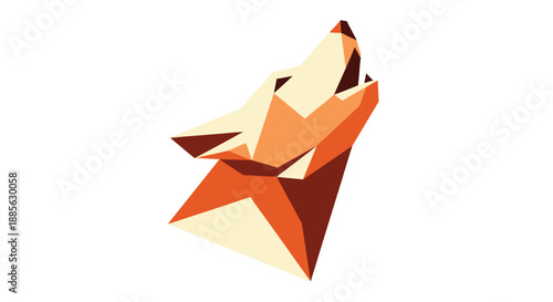 Geometric fox head in shades of tan, orange, and brown, angled up