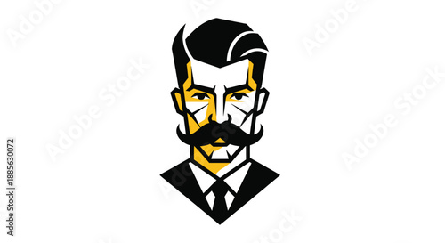 Stylized man's portrait with a sharp mustache and geometric design