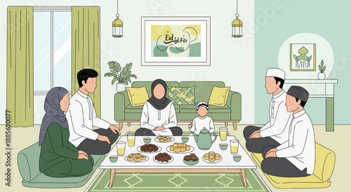 family dinner ramadan eid celebration togetherness festive meal hijab children lanterns illustration
