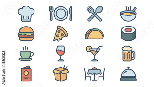 Restaurant and dining vector icon set. Food and drink symbols. Rounded flat style. Lunch, dinner, meal. Chef hat, cutlery, menu, plate. Gastronomy service. Cafe bistro bar design