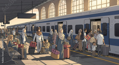 modern train station platform passenger travel sunset busy crowd transportation hub illustration
