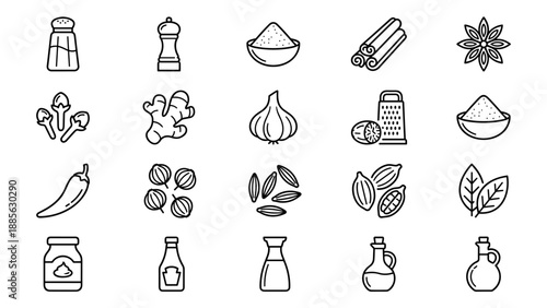 Spices and condiments line icons. Vector cooking ingredients set. Kitchen herbs and seasonings. Culinary flavor symbols. Food preparation. Salt pepper garlic chili. Outline style.