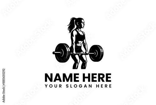 Black silhouette of a strong woman lifting a barbell with customizable text on a white background for fitness branding.