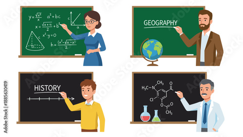 Vector illustration set of four teachers writing on blackboards. Features math, geography, history, and chemistry subjects. Clean geometric style for school, education, and classroom learning