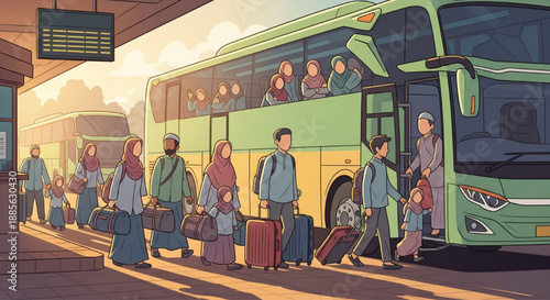 group travel bus station family luggage journey migration illustration