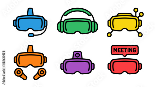Set of colorful virtual reality VR headset icons in bold outline style. Vector illustrations of goggles for metaverse, gaming, and remote meetings with controllers and microphone accessories.