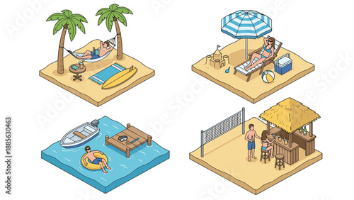 Isometric Vector Illustration Set of Summer Beach Vacation Scenes Featuring People Relaxing in Hammocks, Sunbathing under Umbrellas, Floating in the Ocean, and Enjoying Drinks at a Tiki Bar.