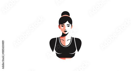 Stylized graphic of woman in tank top, hair in a bun, black and red
