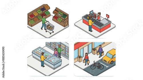 Isometric vector illustration set of grocery shopping scenes featuring people buying fresh produce, paying at the checkout counter, browsing frozen food, and leaving the supermarket with bags.