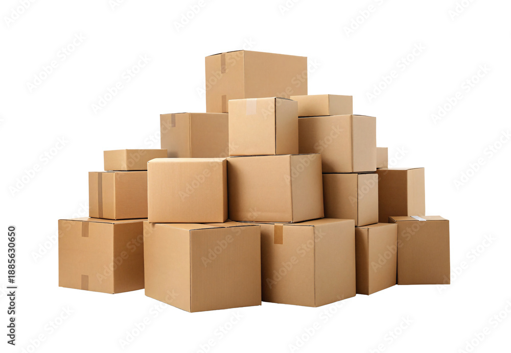 Obraz premium Stack of cardboard boxes pyramid pile shipping packages delivery cartons, isolated on a transparent background