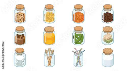 Isometric Vector Illustration of 12 Zero Waste Glass Jars with Cork Lids, Featuring Sustainable Storage for Pasta, Lentils, Coffee, Spices, Honey, Pickles, Soap, Toothbrushes, and Cotton Pads.