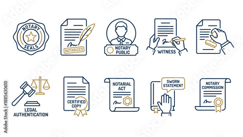 Notary Services Icons Set. Notary Public Seal. Document Notarization. Witness Signature. Certified Copy. Sworn Statement. Legal Authentication. Notarial Act Commission Vector